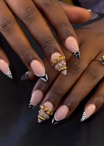 Wild Safari | Handmade 3D Gold Ring Zebra French Press-On Nails AE0
