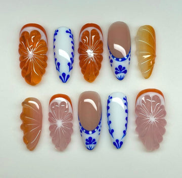 3D Orange & Blue Fruit Lovers Handmade Press On Nails