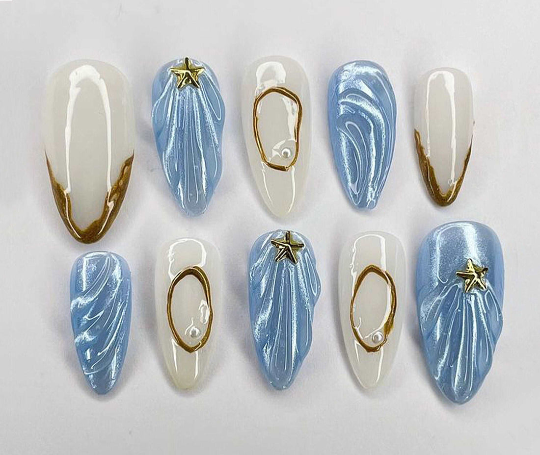 Mermaid Gold 3D Simple Summer Press On Nails - Almond Custom Design