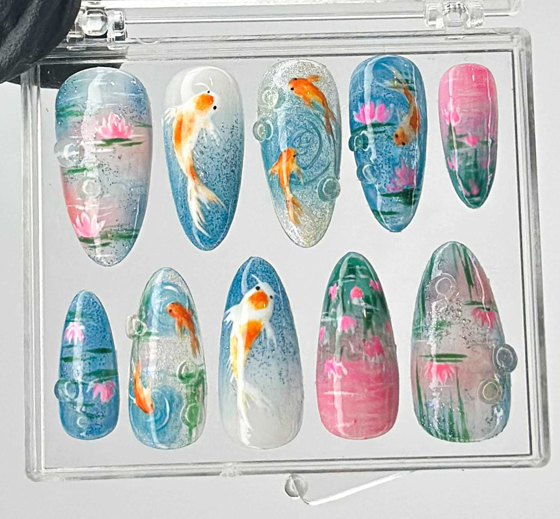 Ocean Koi Fish Summer Press On Nails - Custom Floral Lotus Design
