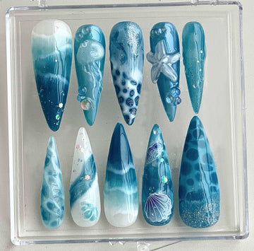 Ocean Themed Blue Summer Press On Nails - Starfish Jellyfish Design