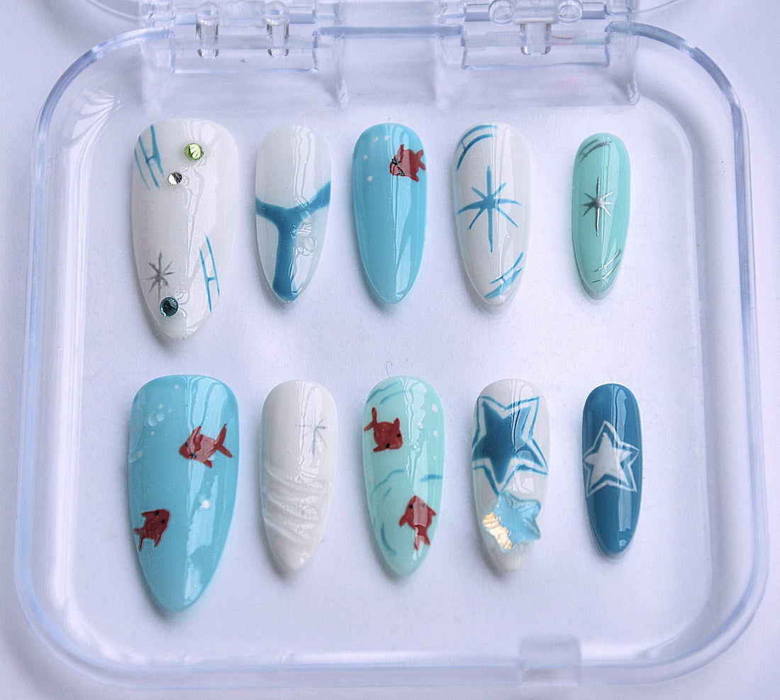 Ocean Fish Star Handmade Press On Nails - Blue White Design