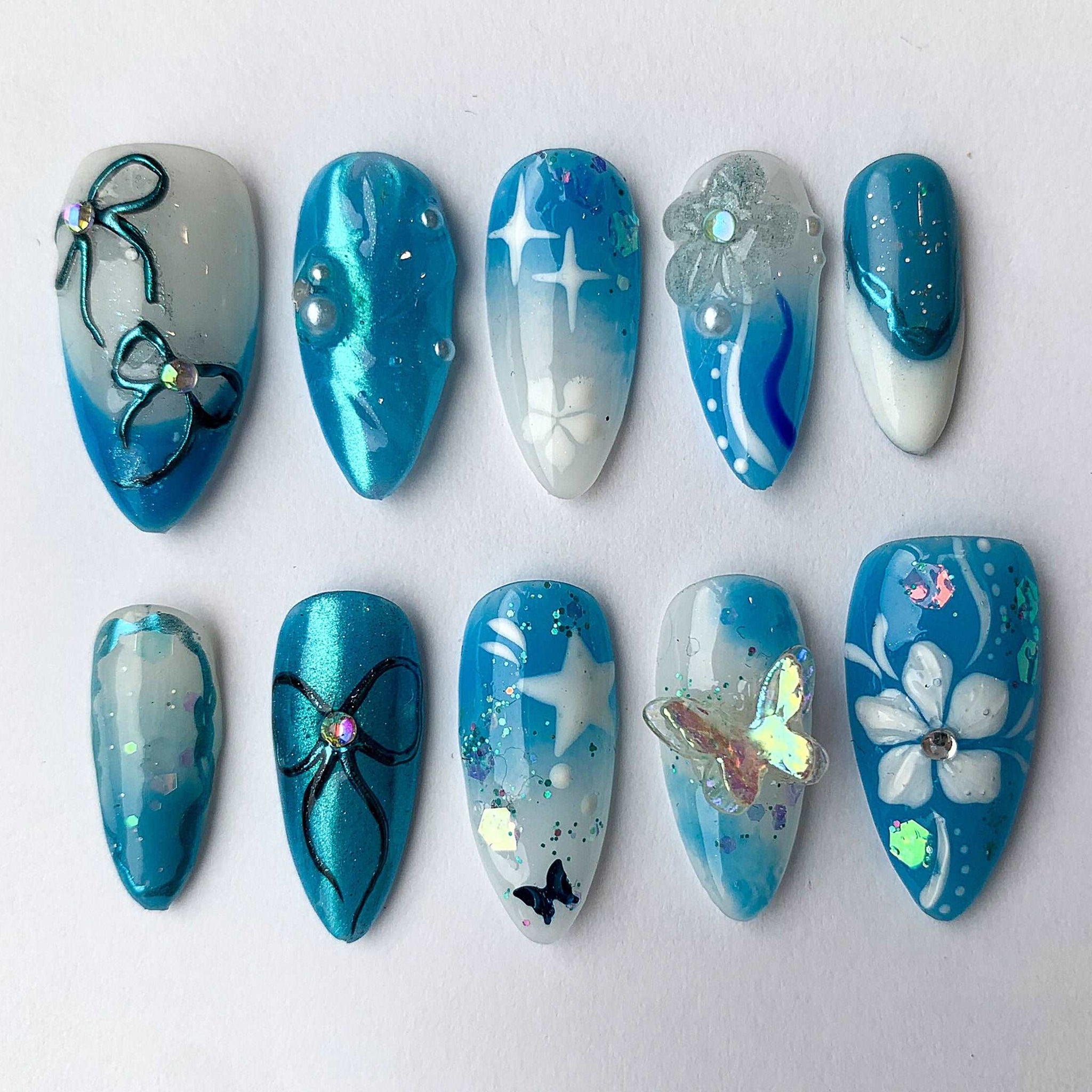 Blue Bow and Butterfly Summer Press On Nails - Short Almond Custom Design