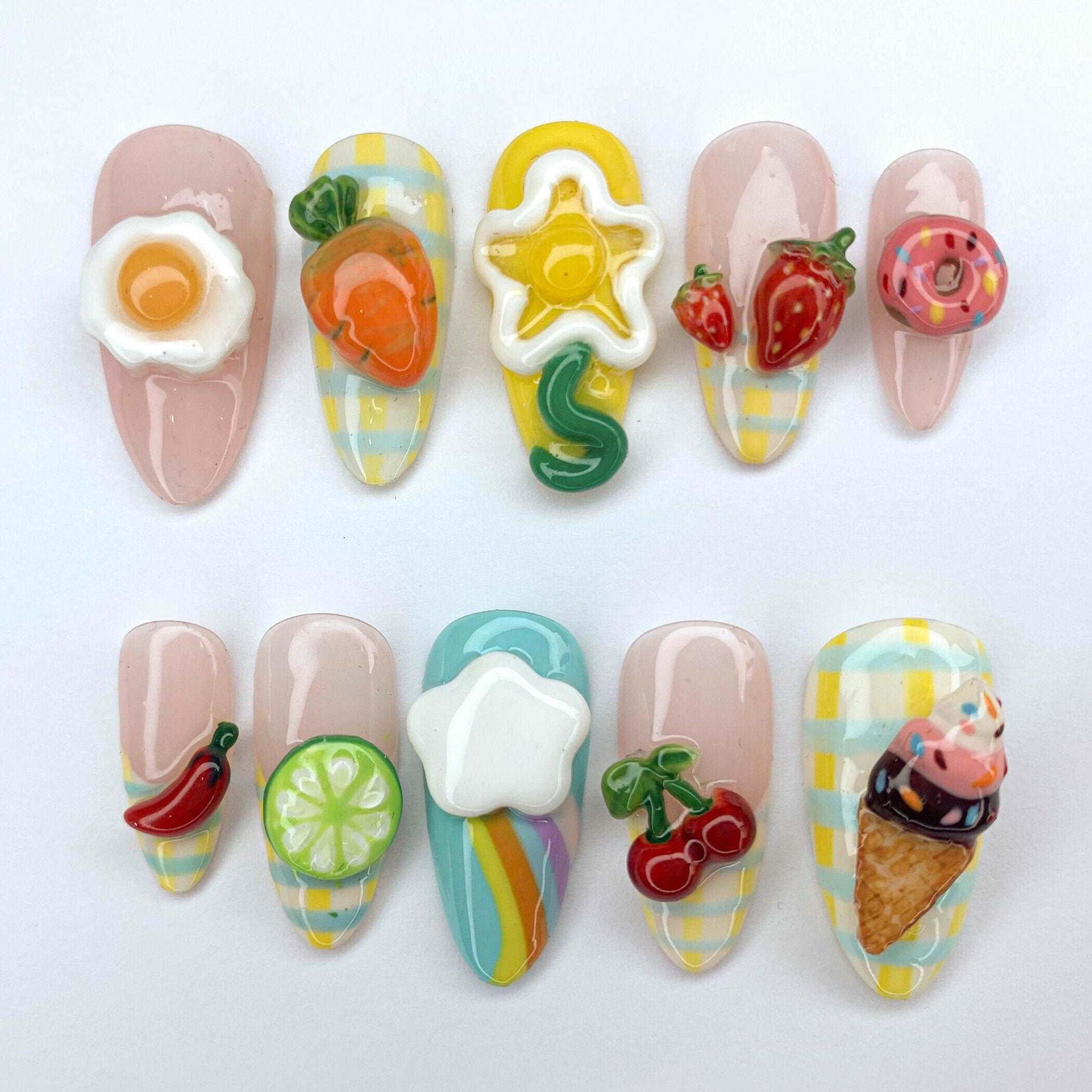 3D Fun Food and Fruit Handmade Press On Nails - Colorful Summer Design