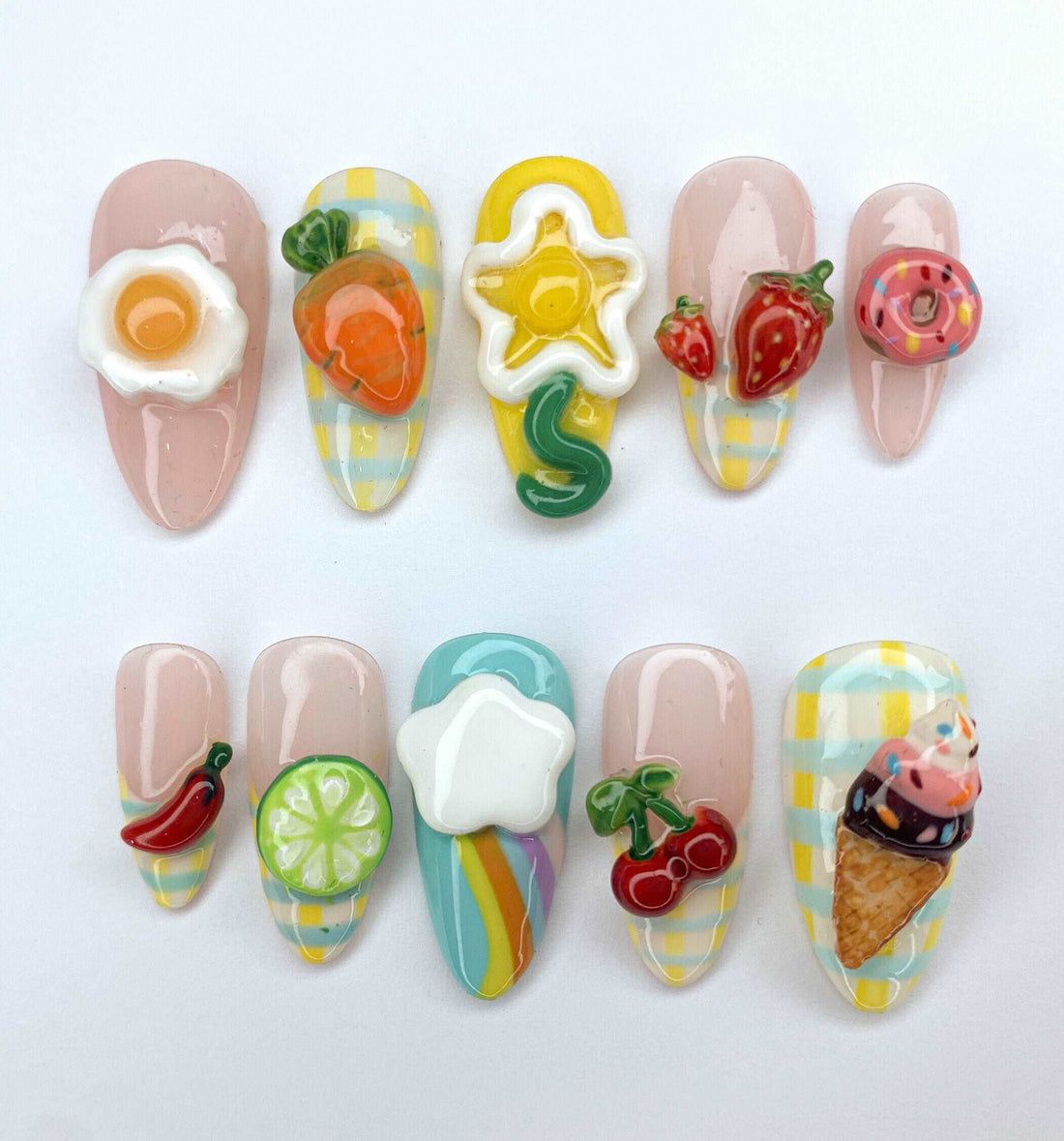 3D Fun Food and Fruit Handmade Press On Nails - Colorful Summer Design