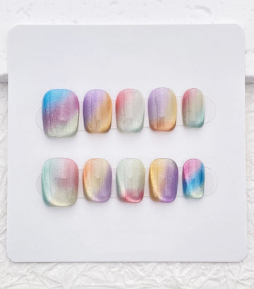 Rainbow Ombre Cat Eye Colorful Handmade Press On Nails