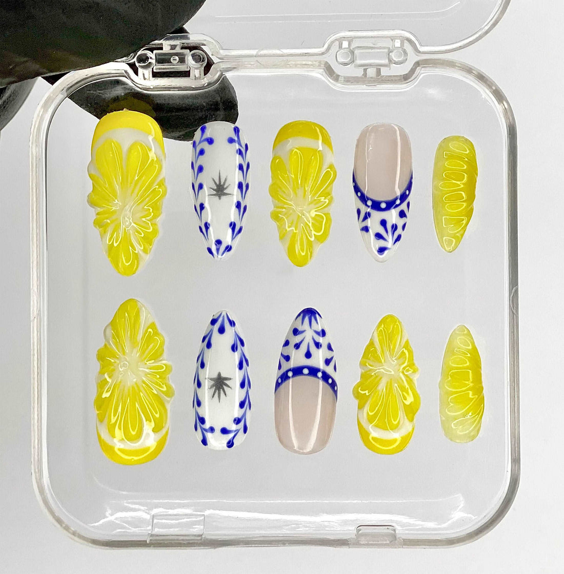 Fruit Lover Summer Press On Nails - Talavera Blue and Lemon Yellow Design