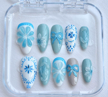 Bow Fruit Lover Simple Summer Press On Nails - Talavera Blue Design