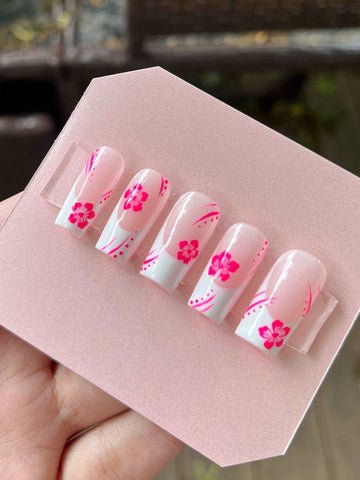 Pink Hawaiian Flower French Tips Reusable Handmade Press on Nails
