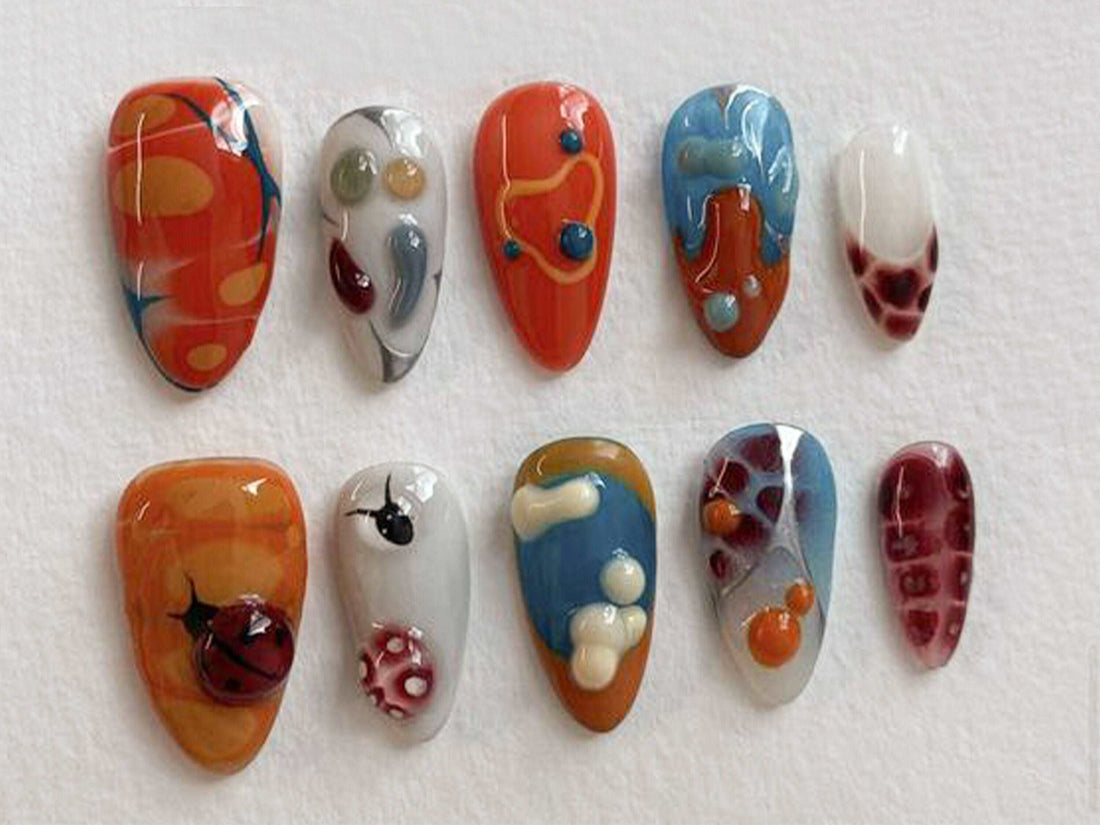 Ladybug Colorful 3D Free Style Summer Almond Handmade Press On Nails