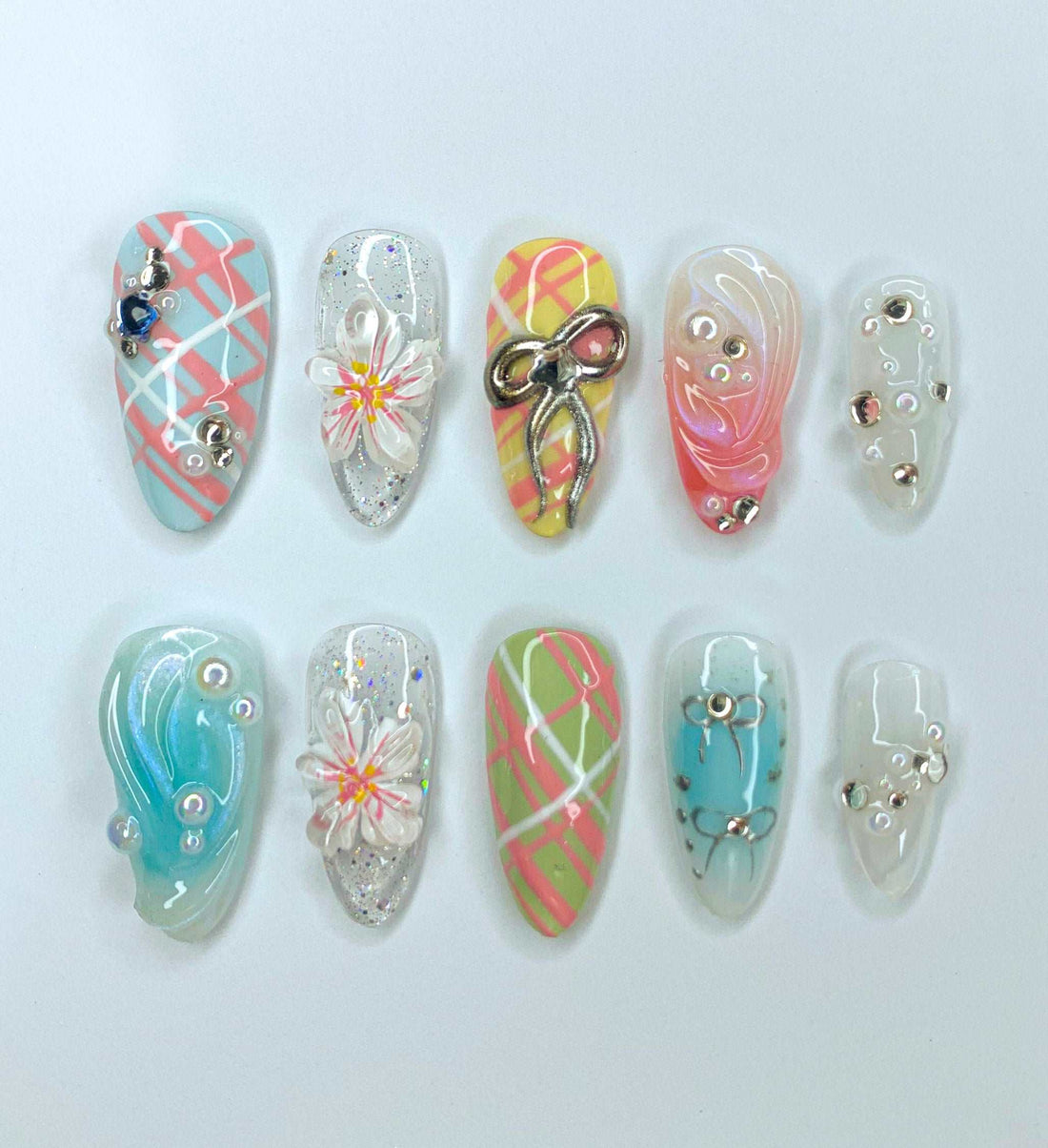Bow and Flower Pastel Floral Handmade Press On Nails - Summer Colorful Design