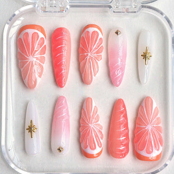 3D Summer Ombre Fruit Lover Handmade Pink Press On Nails