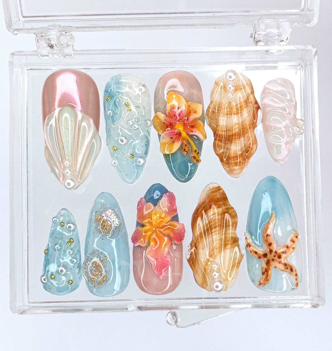 3D Beach Ocean Summer Press On Nails - Flowers, Seashells, and Starfish Design