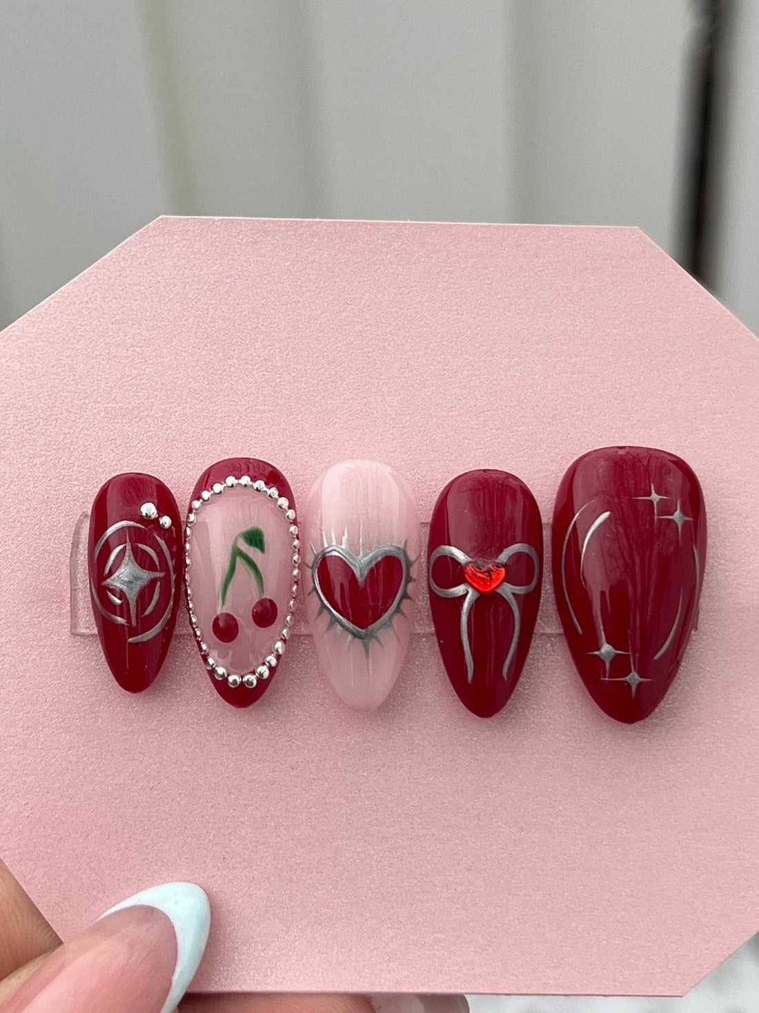 Red Cherry Heart Bow Custom Handmade Press on Nails