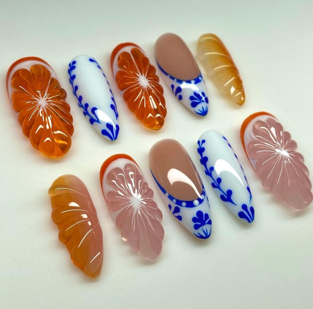 3D Orange & Blue Fruit Lovers Handmade Press On Nails