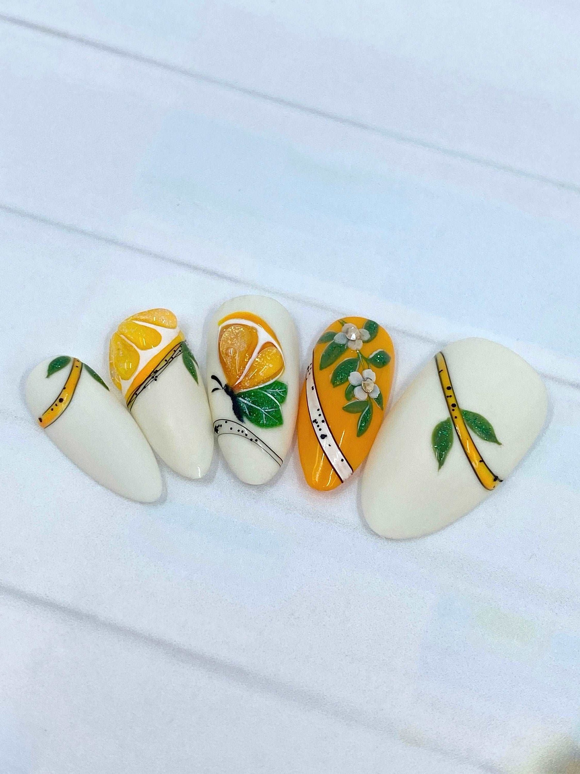 Butterfly Flowers Orange Summer Reusable Handmade Fake Nails