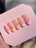 Pastel Pink French Tips Fruit and Flower Handmade Press on Nails