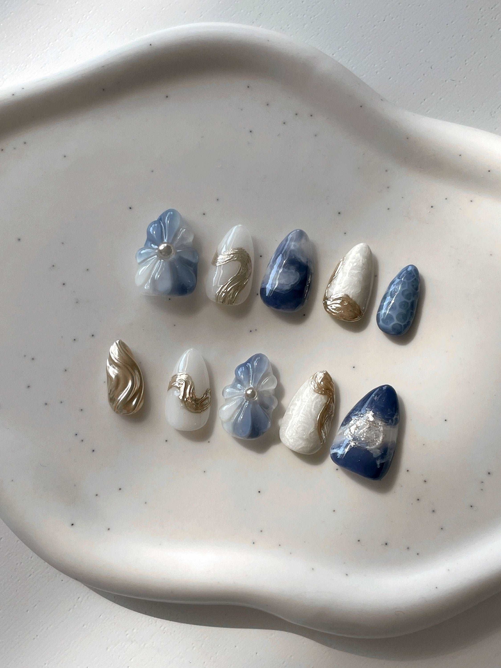 3D Flower Ocean Gold Chrome Press on Nails - Reusable Handmade Fake Nails