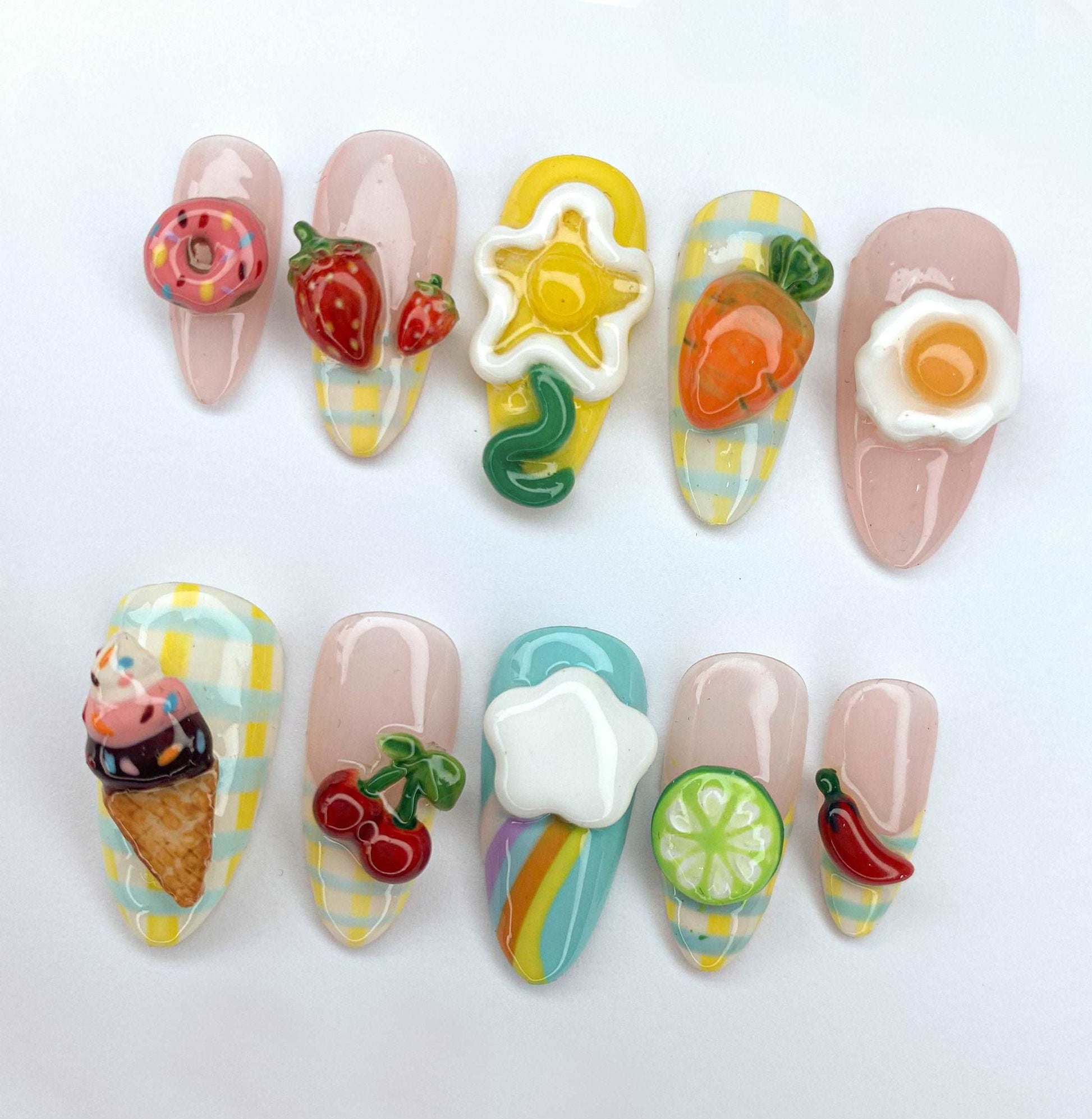 3D Fun Food and Fruit Handmade Press On Nails - Colorful Summer Design