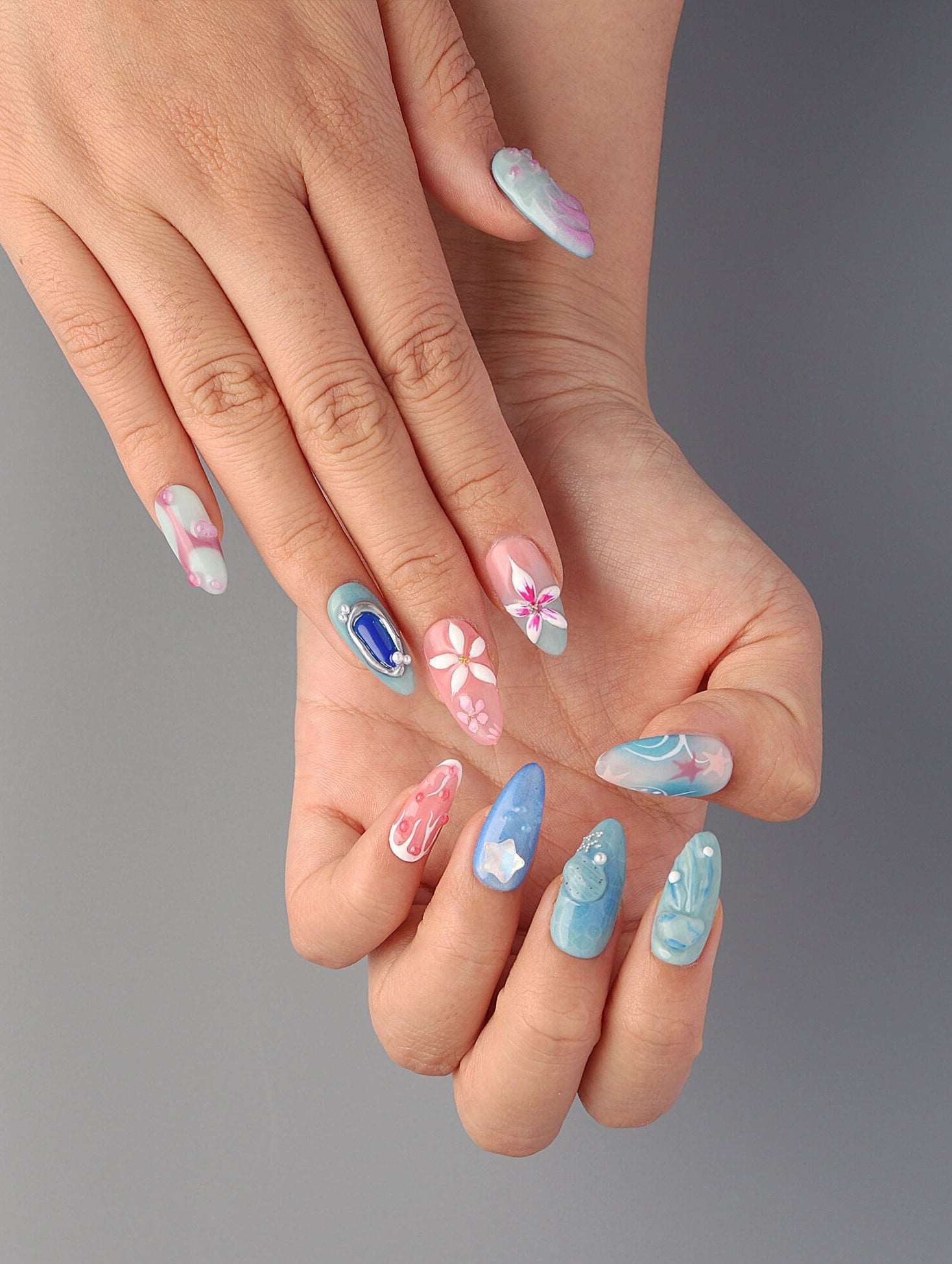 Colorful Free Style Handmade Summer Press On Nails - Flower Beach Design