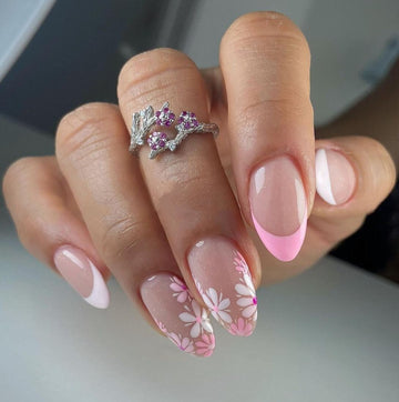 French Tip Flowers Handmade Press On Nails - Pink White Design