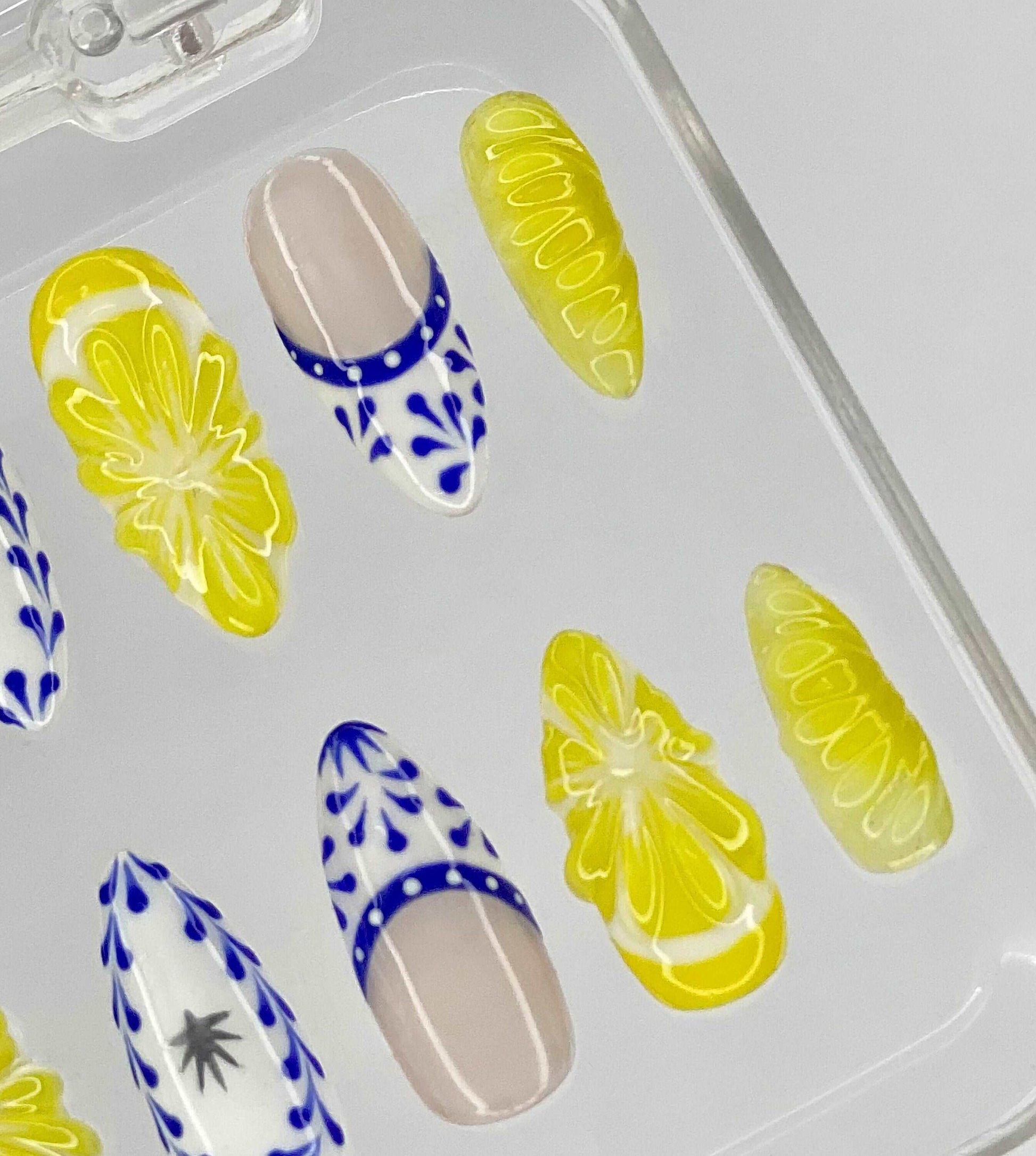 Fruit Lover Summer Press On Nails - Talavera Blue and Lemon Yellow Design