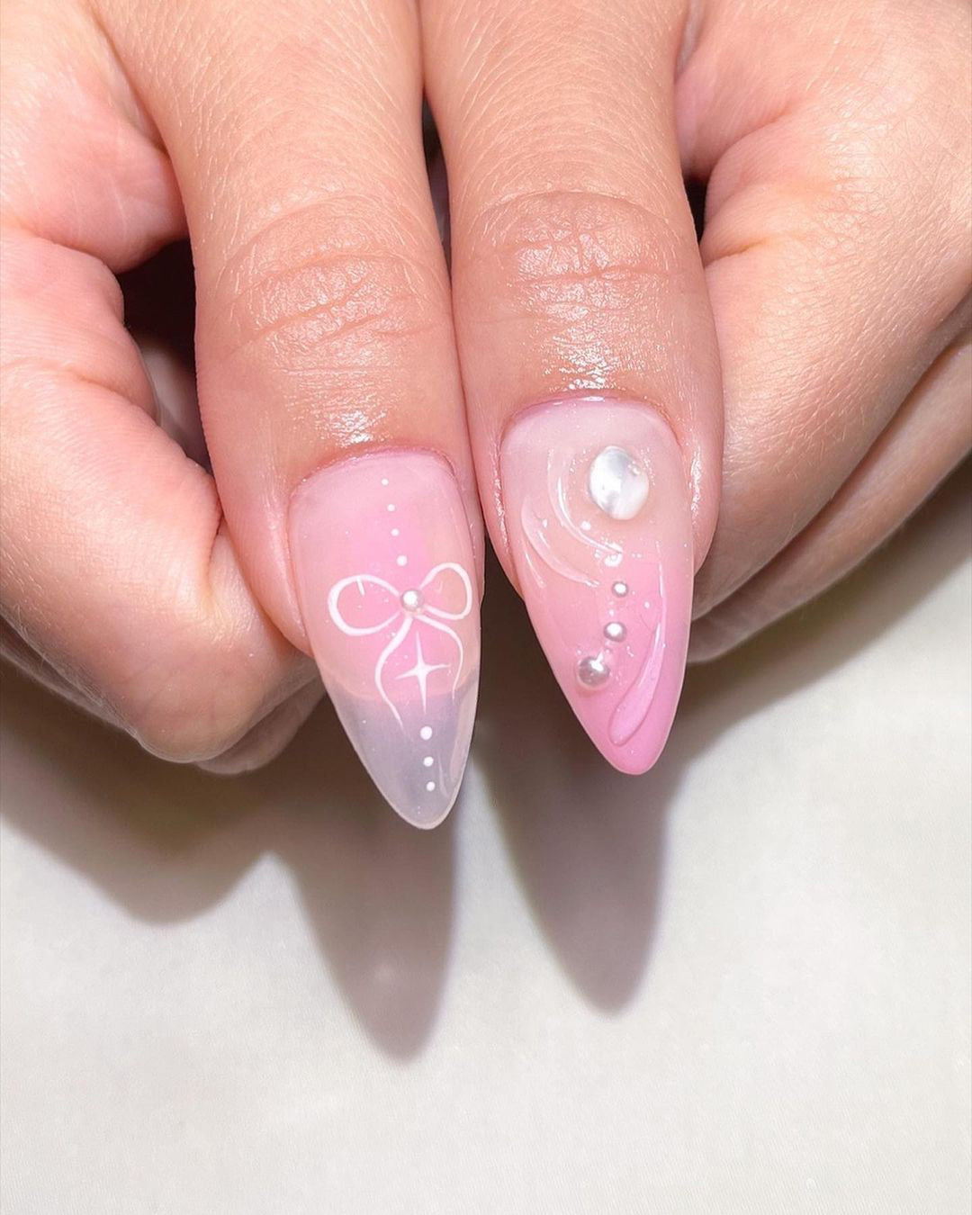 Valentine Butterfly Star Ribbon Heart False Nails - Pink and White Design.