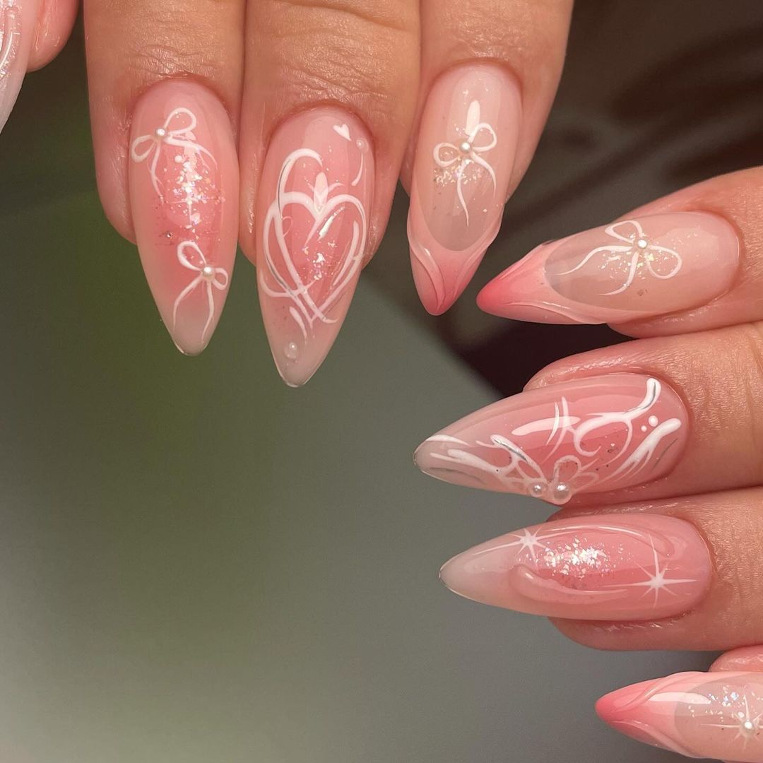 Handmade Butterfly Ribbon Cute Fake Nails - Pink & White Design.