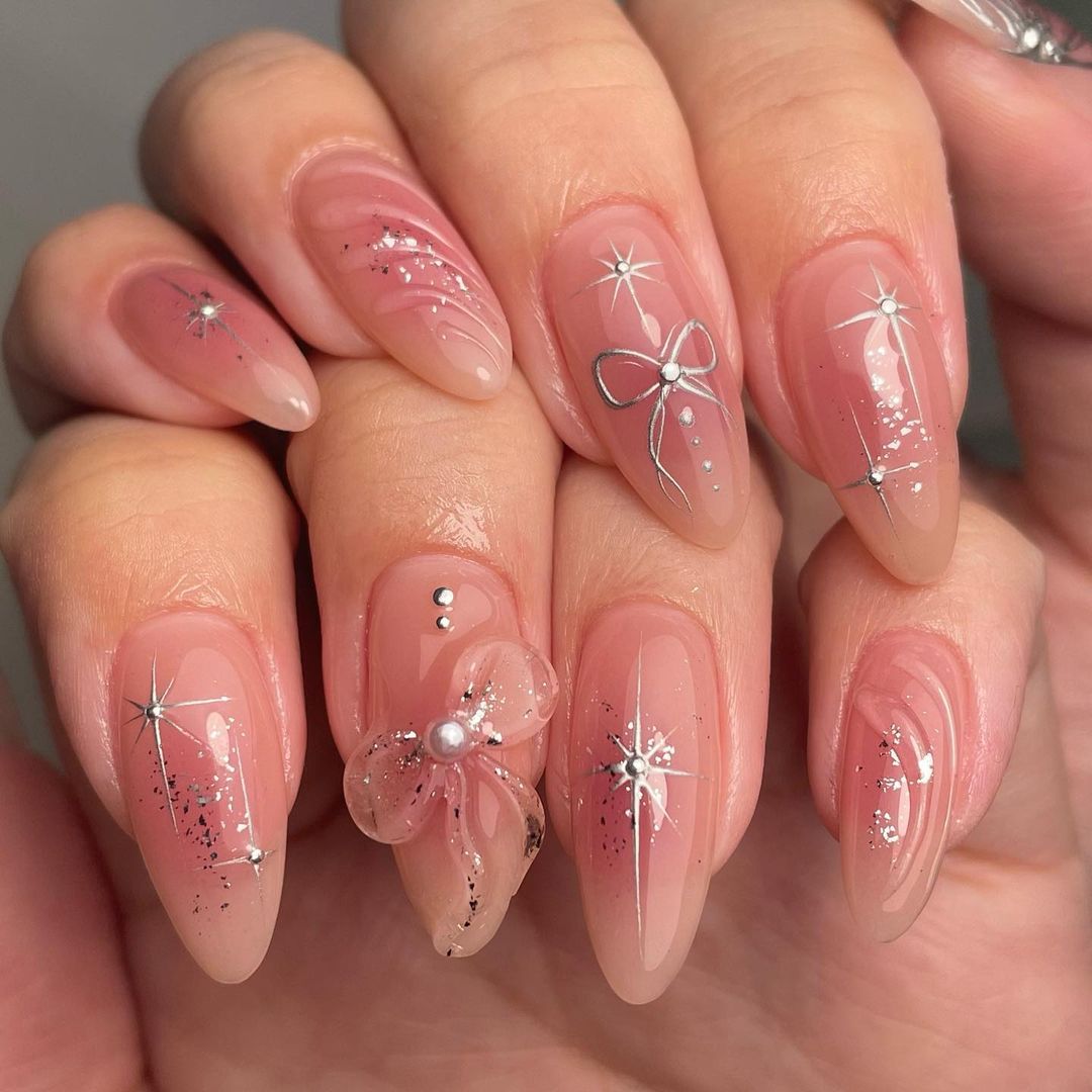 3D Silver Star Butterfly Ombre Custom Press on Nails - Simple Pink Design.