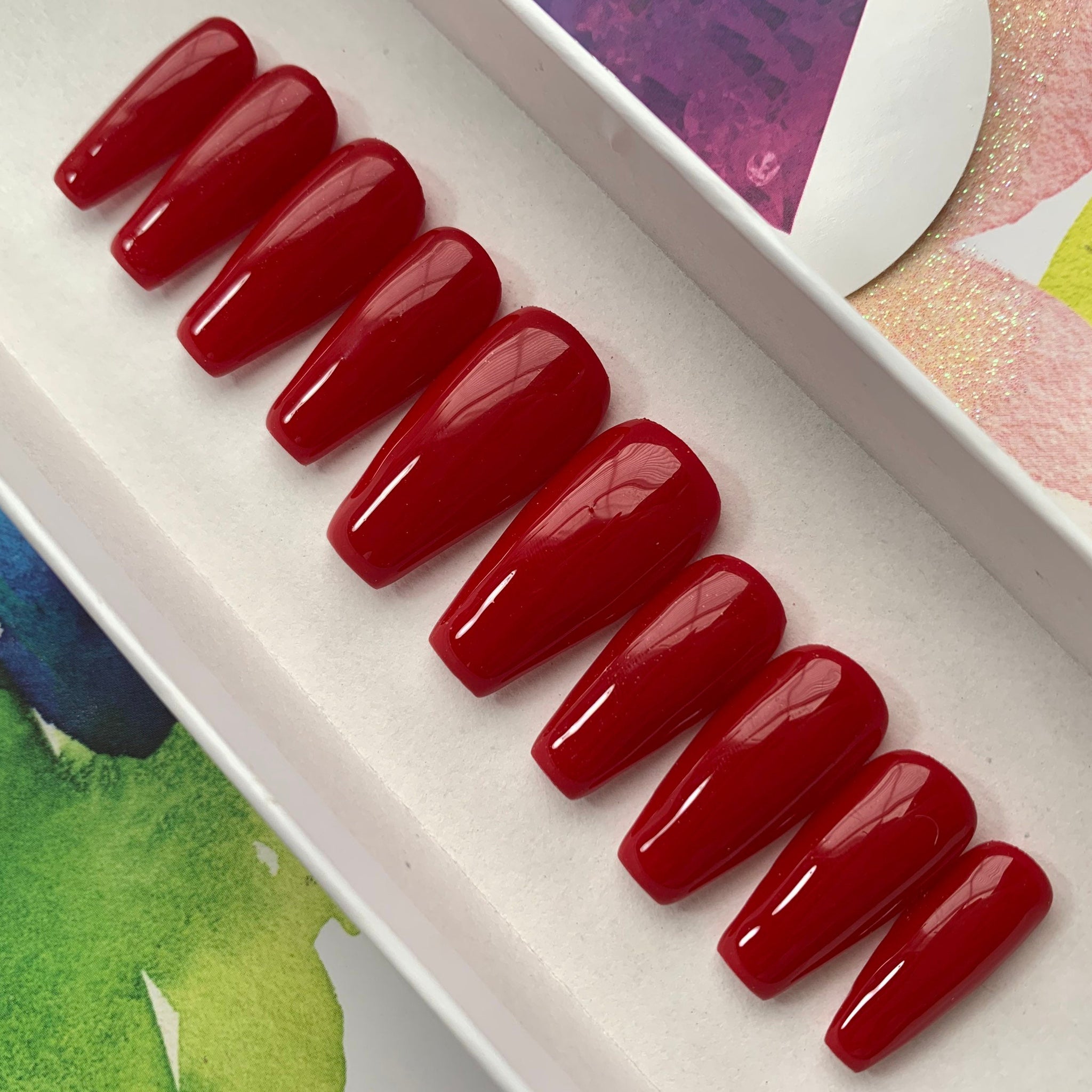 Square Solid Color Red Nails - Custom Handmade Gel Fake Nails