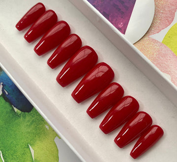 Square Solid Color Red Nails - Custom Handmade Gel Fake Nails