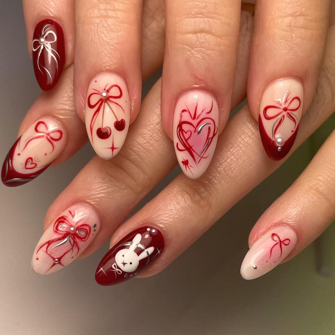 Bunny Hear Cherry Bow Fake Nails - Red, White and Silver Design.