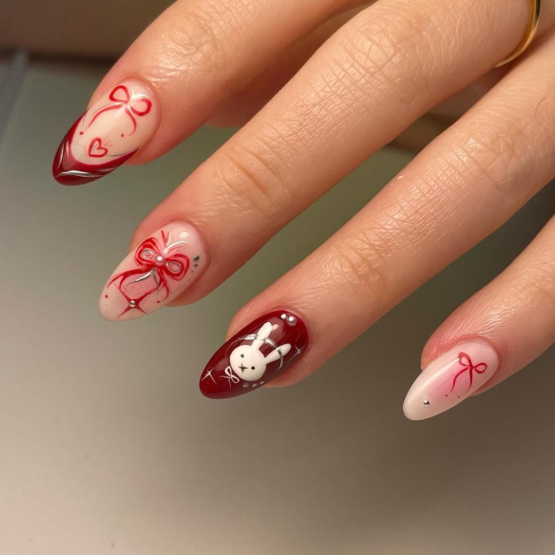 Bunny Hear Cherry Bow Fake Nails - Red, White and Silver Design.