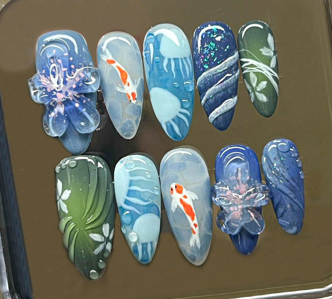 3D Sea Creatures Handmade Press on Nails - Ocean On Fake Nails