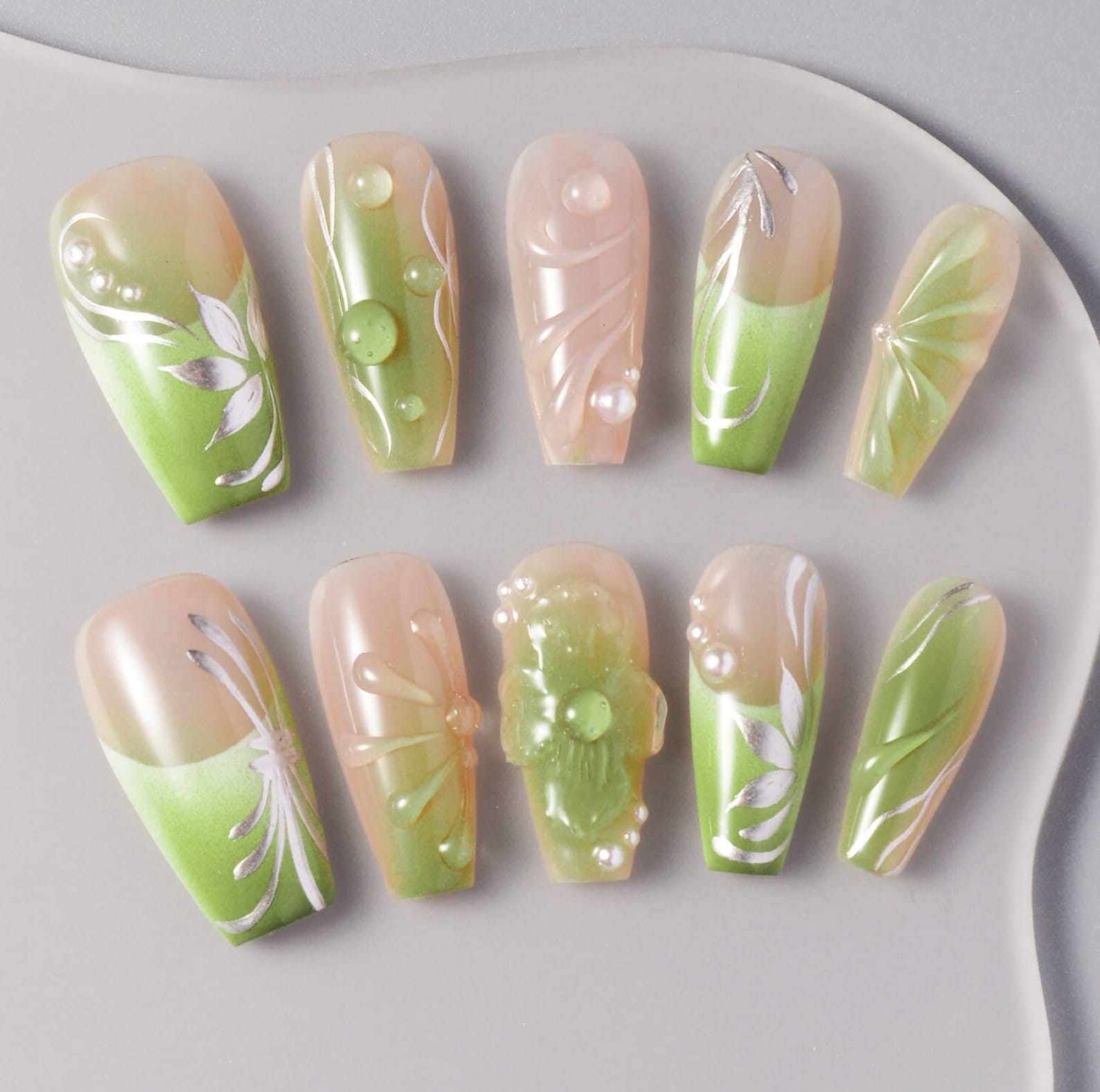 3D Ombre Hand Painted Spring Press on Nails - Custom Green and Silver Design