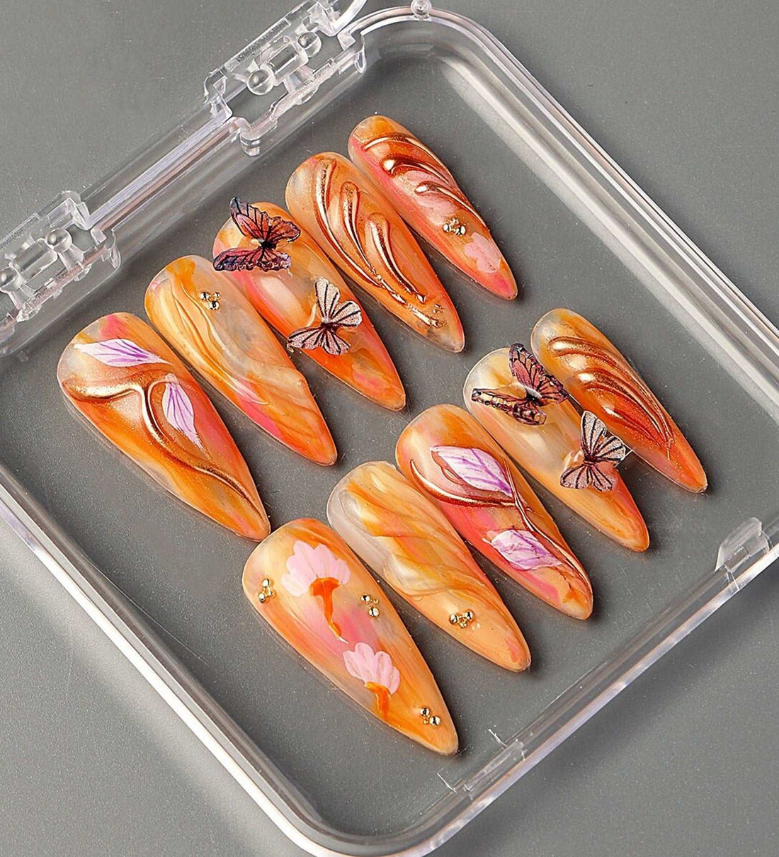 3D Gel Orange & Gold Press on Nails - Long Stiletto Butterfly Floral Flower Nails