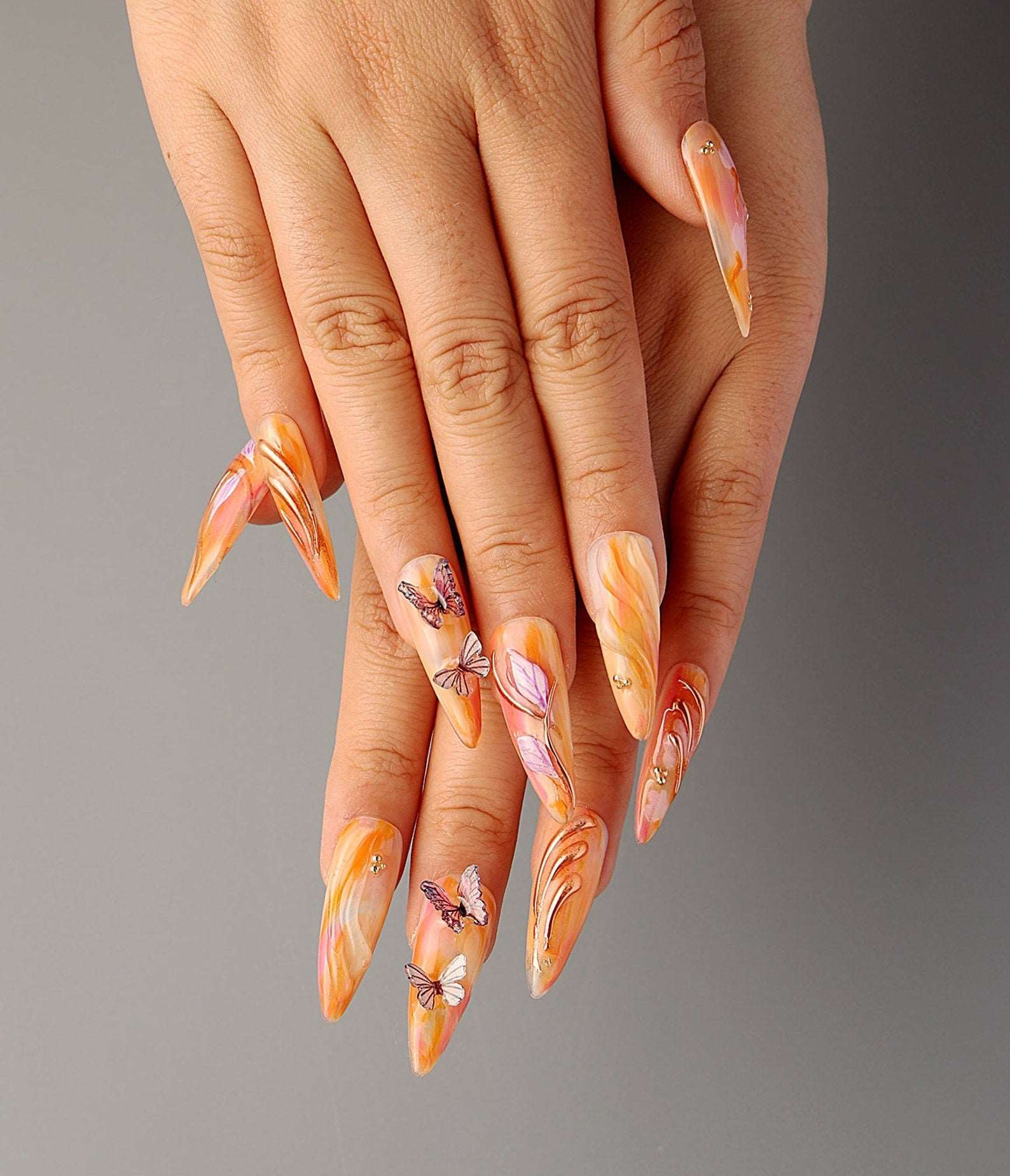 3D Gel Orange & Gold Press on Nails - Long Stiletto Butterfly Floral Flower Nails