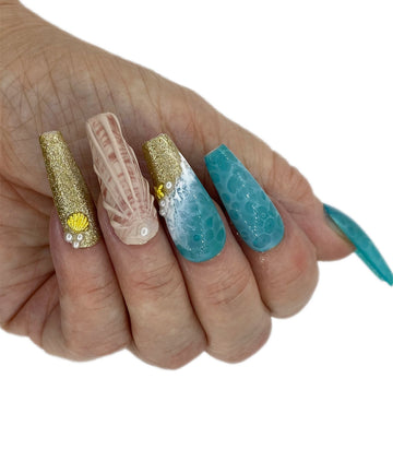 Water Effect Beach Shell Press on Nails - Handmade Custom Design