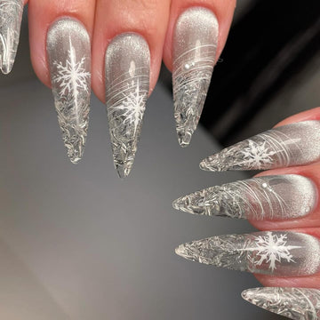 Custom Snowflake Ice Clear Glass Winter Reusable Press on Nails.
