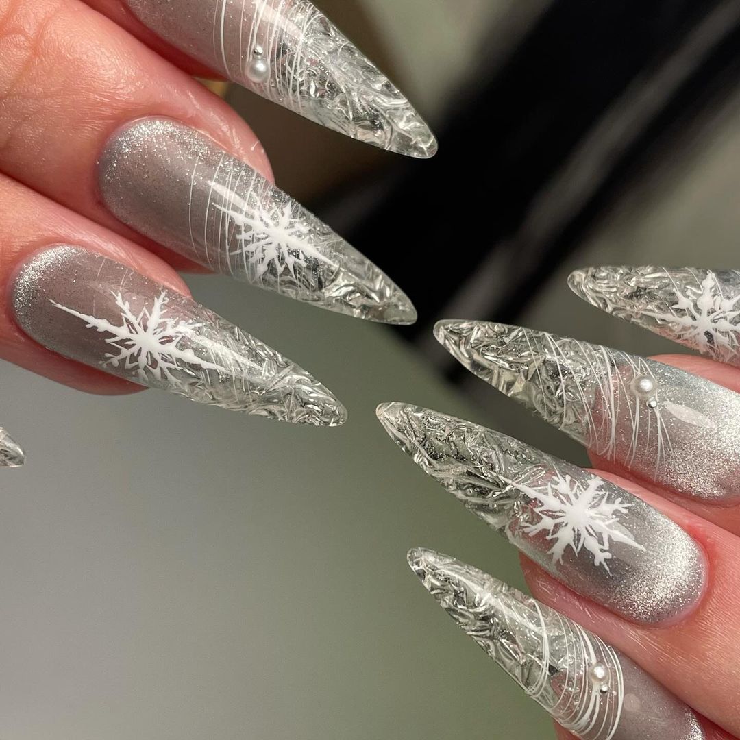 Custom Snowflake Ice Clear Glass Winter Reusable Press on Nails.