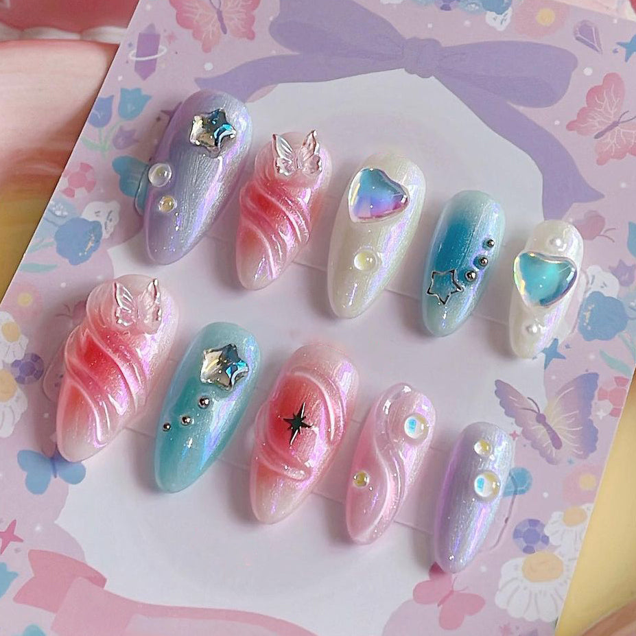 3D Kawaii Cute Custom Press on Nails - Pretty Pink & Blue Almond Set