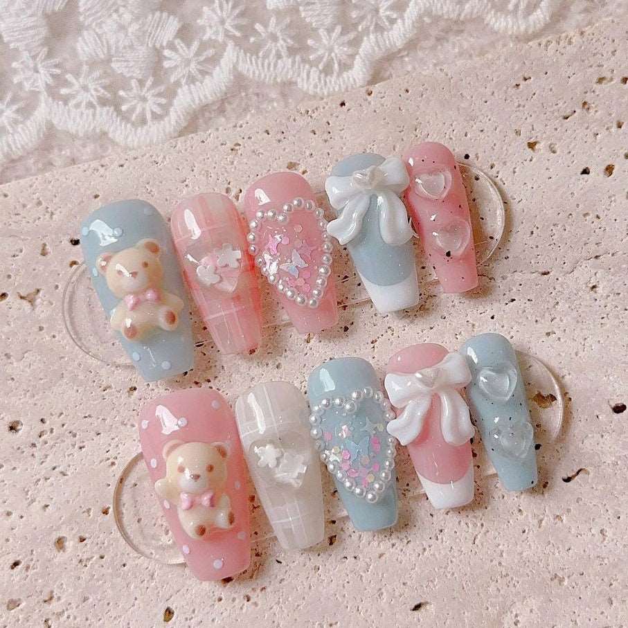 3D Teddy Bear Kawaii Cute Custom Press On Nails - Pink & Blue Design