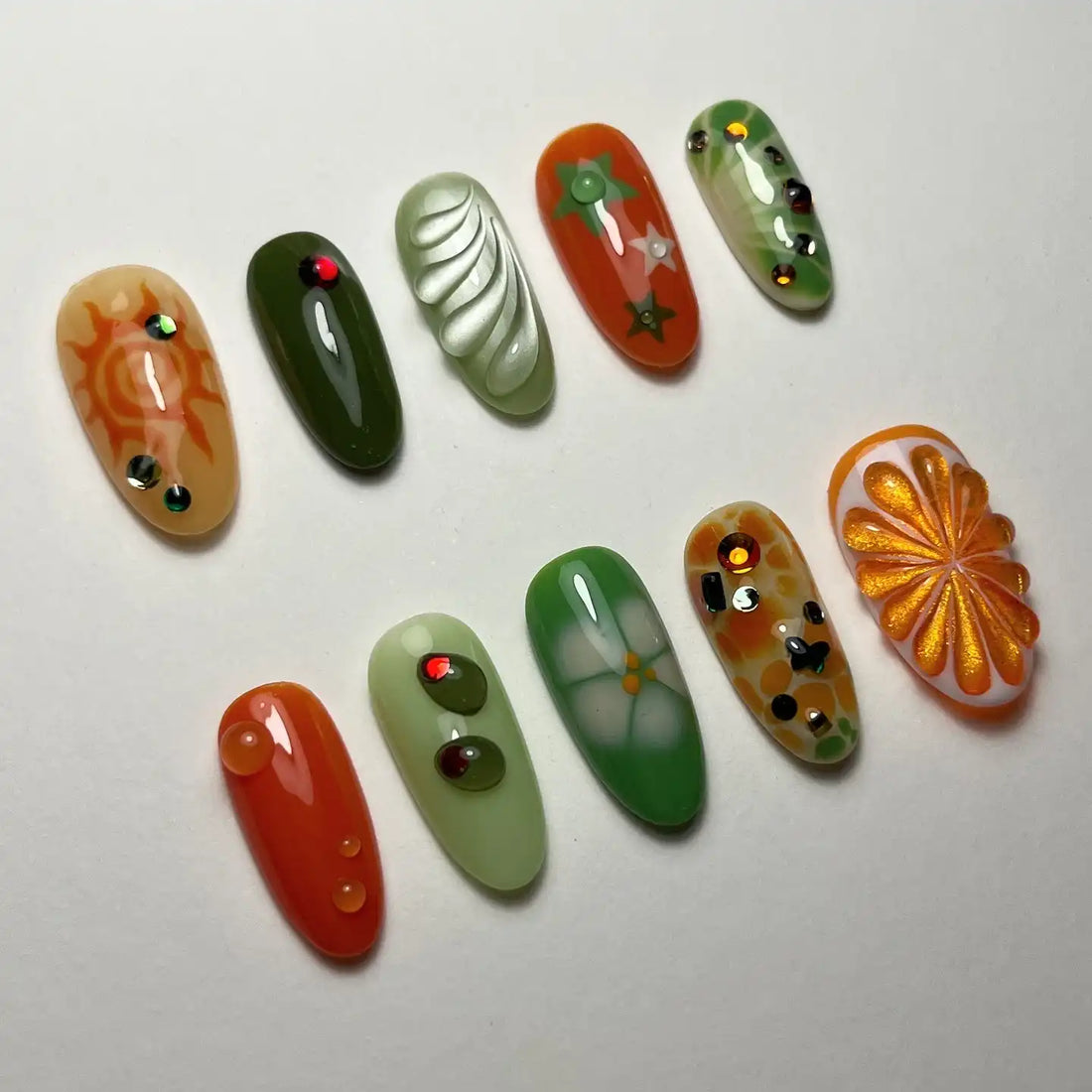 Handmade Abstract Citrus Summer Green Orange Rhinestone Press on Nails N86