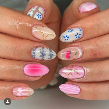 Handmade Pink Aura Bow Coquette Floral Strawberry Press-On Nails AB9