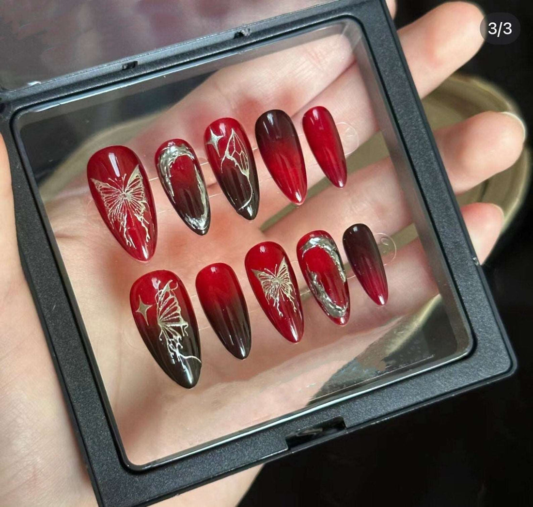 Ombre Black Red Butterfly Almond Red Nails - Custom Handmade Fake Nails