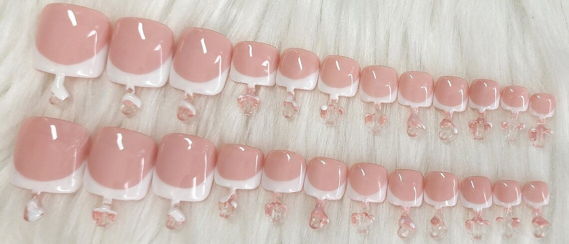 24 Pink French Tip Press On Fake Toenails - No Need to Measure
