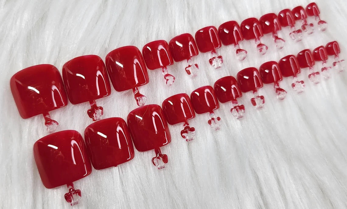 Red Full set of 24 Press On Fake Toenails - No Need to Measure