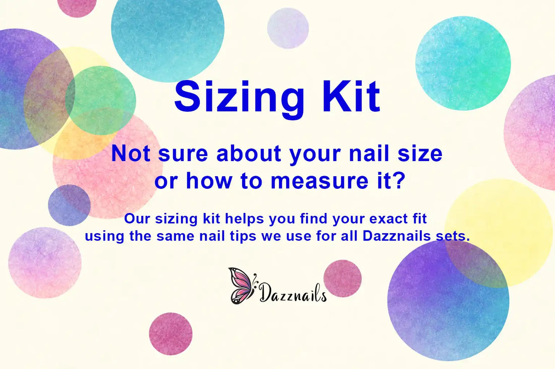 Colorful press-on nail sizing kit info graphic with sizing and measuring tips