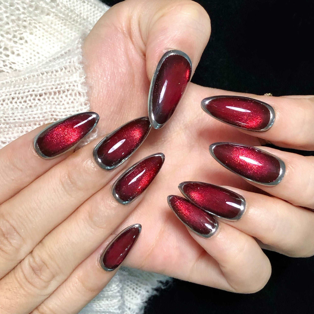 Handmade Magic Cat Eye Press on Nails - Red & Silver Aura Effect Ombre Design.