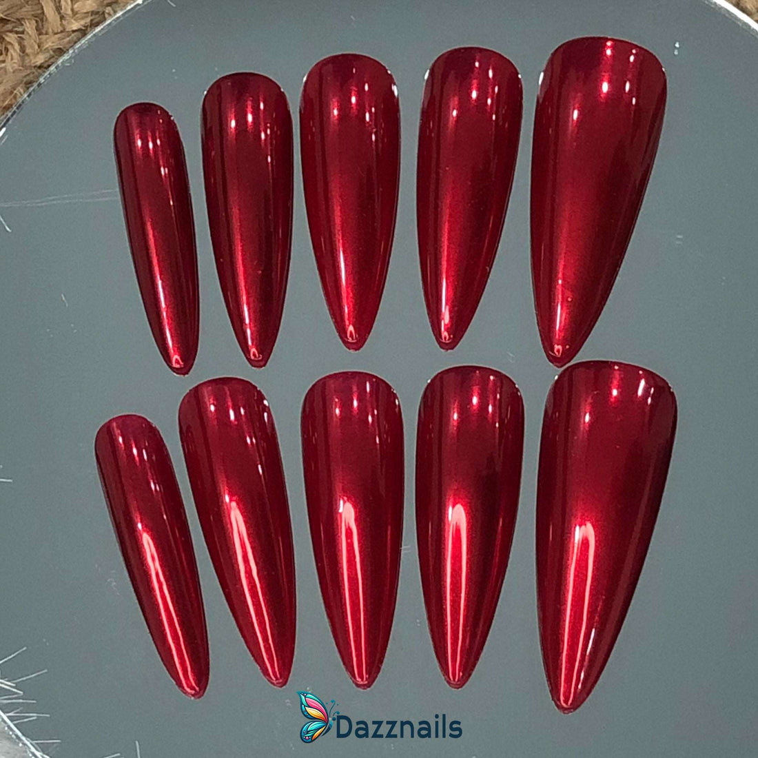 Handmade Red Chrome Press on Nails - Solid Color Beauty Mirror Design.